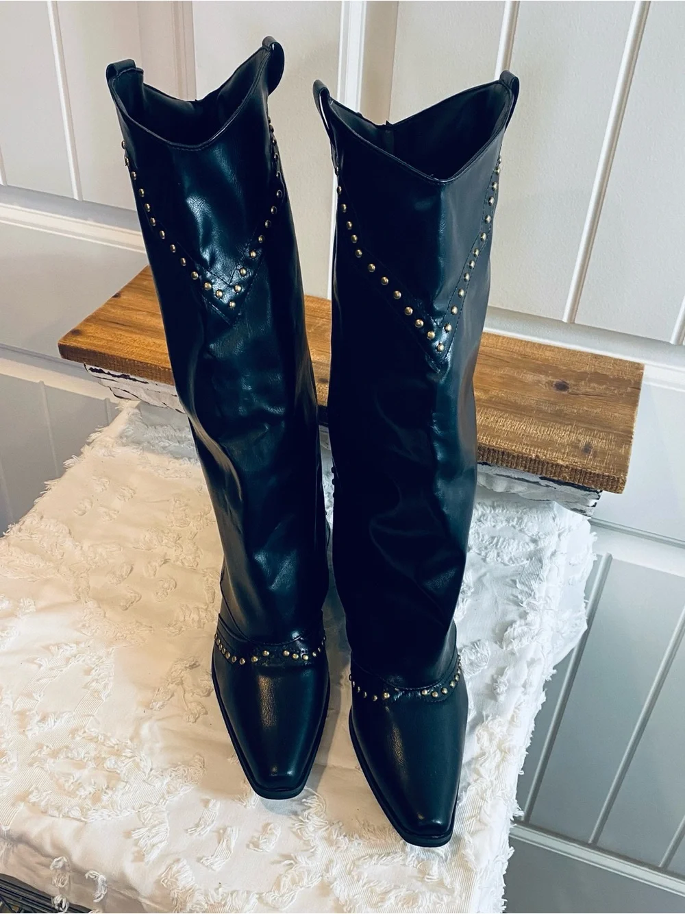 New!! Black Studded Western Knee-High Boots